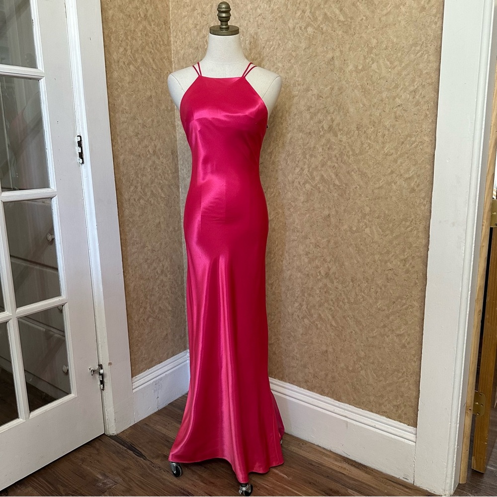 VTG 90s Hot Pink Satin Strappy Low Open Back Maxi Formal Slip Prom Dress